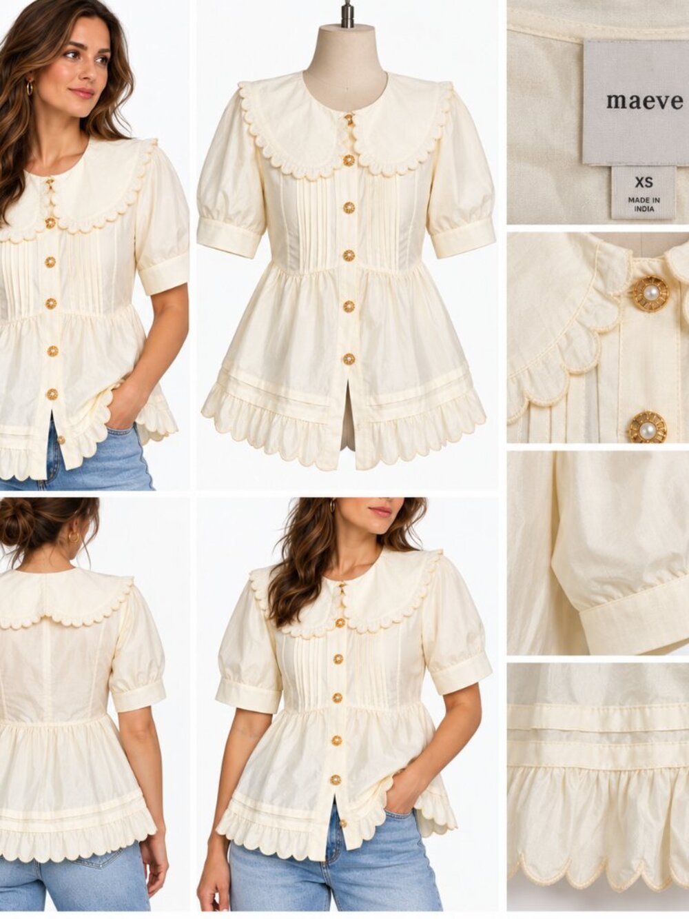 Maeve XS Ivory Scallop Collar Puff Sleeve Peplum Blouse Cottagecore Romantic